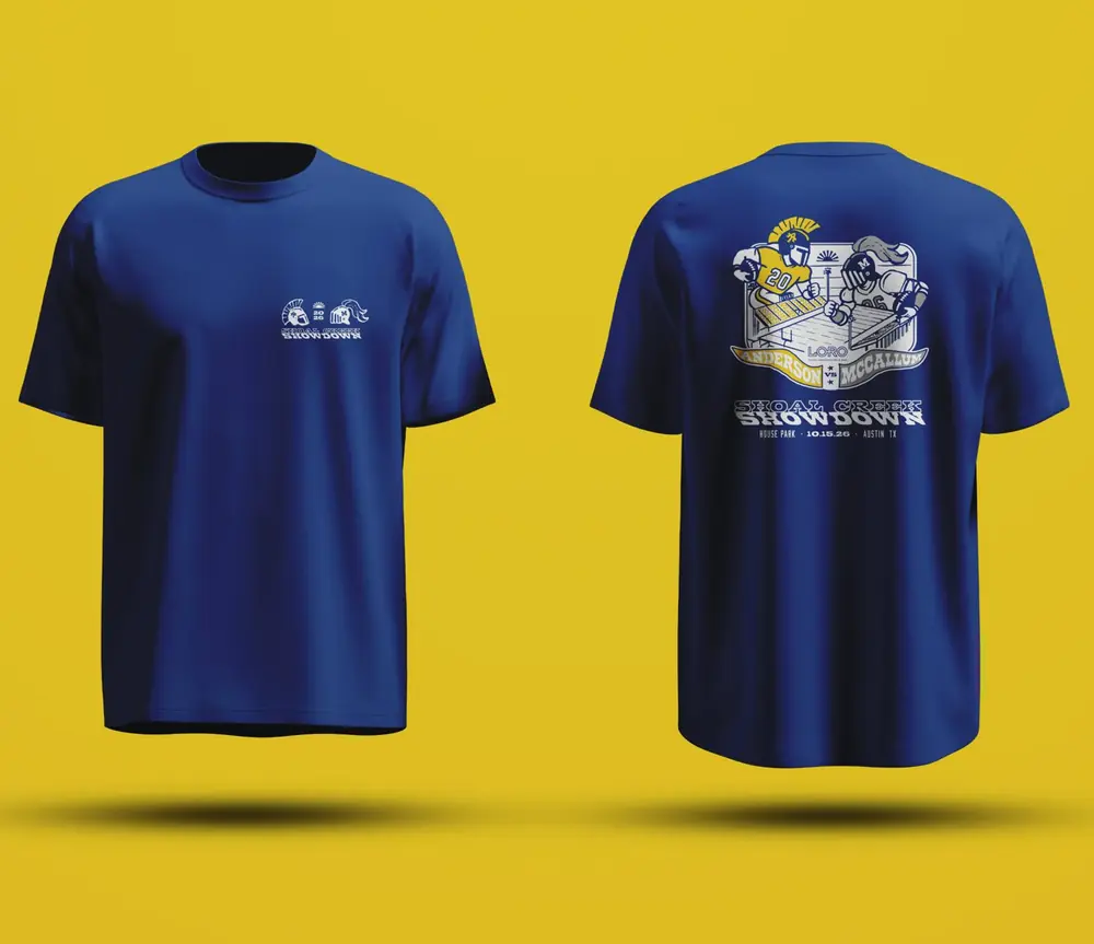 2026 Shoal Creek Showdown t-shirt in royal blue, front and back
